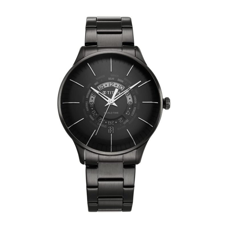 Titan Quartz World Time with Date Black Dial Black Stainless Steel Strap Watch for Men - NT90145NM01
