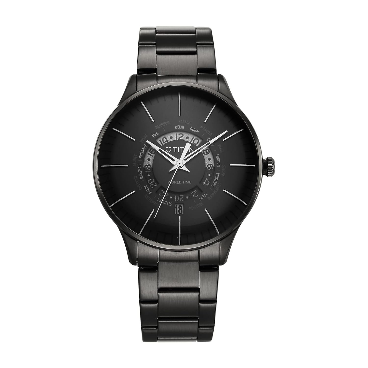 Titan Quartz World Time with Date Black Dial Black Stainless Steel Strap Watch for Men - NT90145NM01