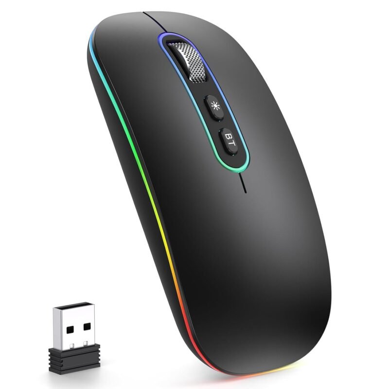 cimetech Dual Mode (BT 5.1+2.4G) Wireless Mouse with LED Lights, Silent Portable Lightweight Rechargeable Mouse for Laptop, Compatible with Mac OS/Windows/Chrome OS - Black