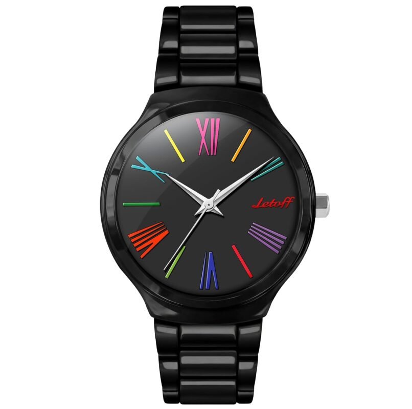 Letoff Ceramic Oil Finish Watch,Metal Case Metal Bracelet,Big Face Colorful Roman Numerals Water Resistant 100ft