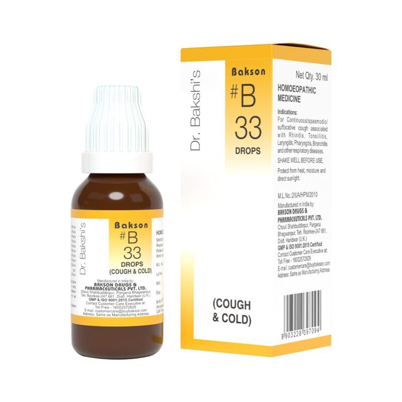 Dr. Bakshi's BAKSON'S HOMOEOPATHY # B 33 Cough & Cold Drops | Helps Relieve Frequent Coughing, Dry Cough & Sore Throat | 30 ml