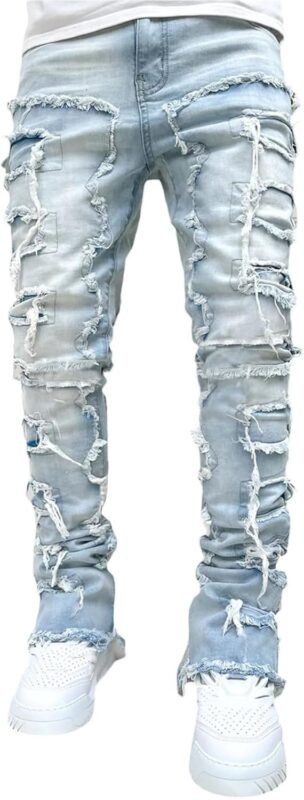YEOU Men's Stacked Skinny Jeans - Y2K Harajuku Style Ripped Denim Pants with High Waist
