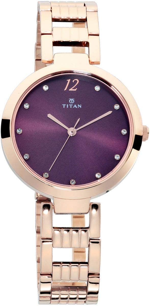 Titan Sparkle Quartz Analog Burgundy Dial Rose Gold Stainless Steel Strap Watch for Women - NT2480WM02