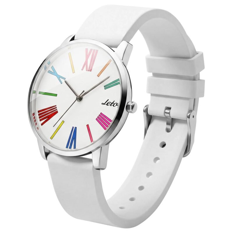 Letoff White Watch for Women/Men, Metal Watch Silicone Band,Colorful Roman Numeral Dial Water Resistant 100ft