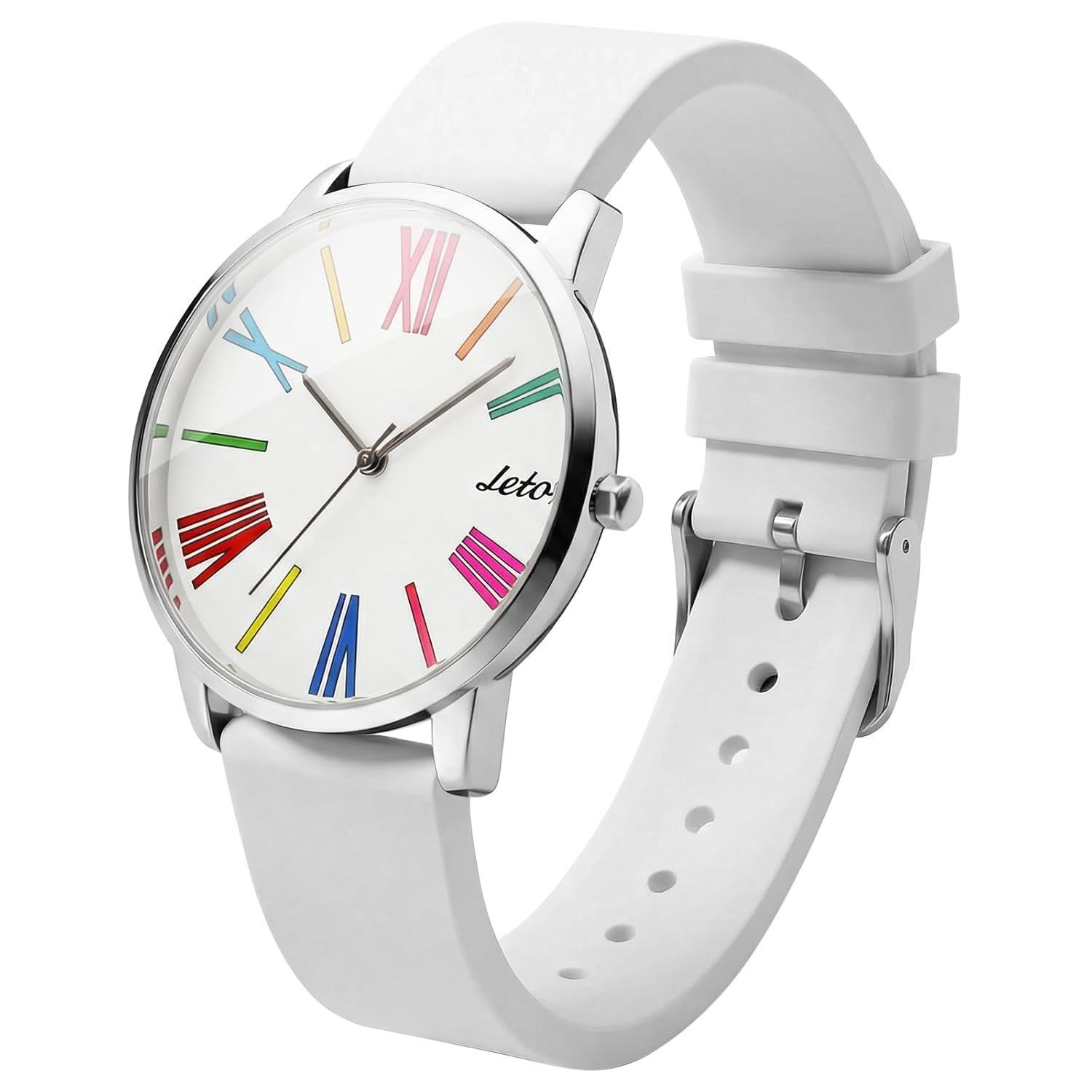 Letoff White Watch for Women/Men, Metal Watch Silicone Band,Colorful Roman Numeral Dial Water Resistant 100ft
