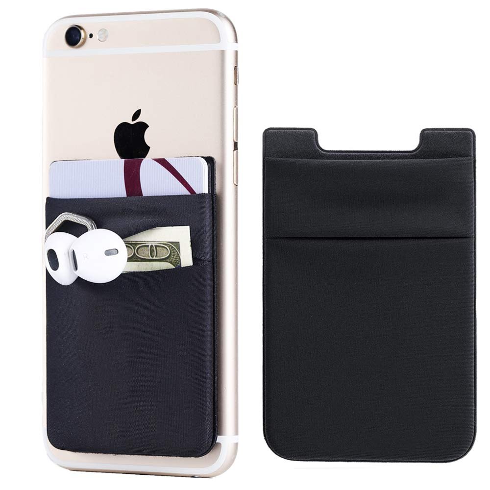 2Pack Adhesive Phone Pocket,Cell Phone Stick On Card Wallet,Credit Cards/ID Card Holder(Double Secure) with 3M Sticker for Back of iPhone,Android and all Smartphones-Double Pocket-Black