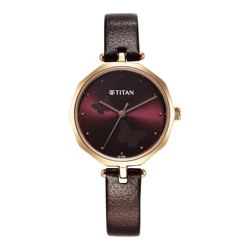 Titan Karishma Quartz Analog Maroon Dial Brown Leather Strap Watch for Women - NT2702WL01