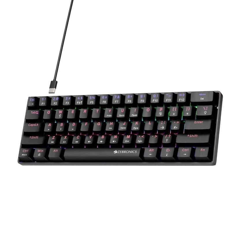 Zebronics Mechanical Keyboard, Silent Linear Red Switches, 61 Keys Layout, 26 Key Anti Ghosting, Double Shot Keycaps, 17 LED Modes, Media Controls, 1.5m Cable (Max Ninja 61, Black)