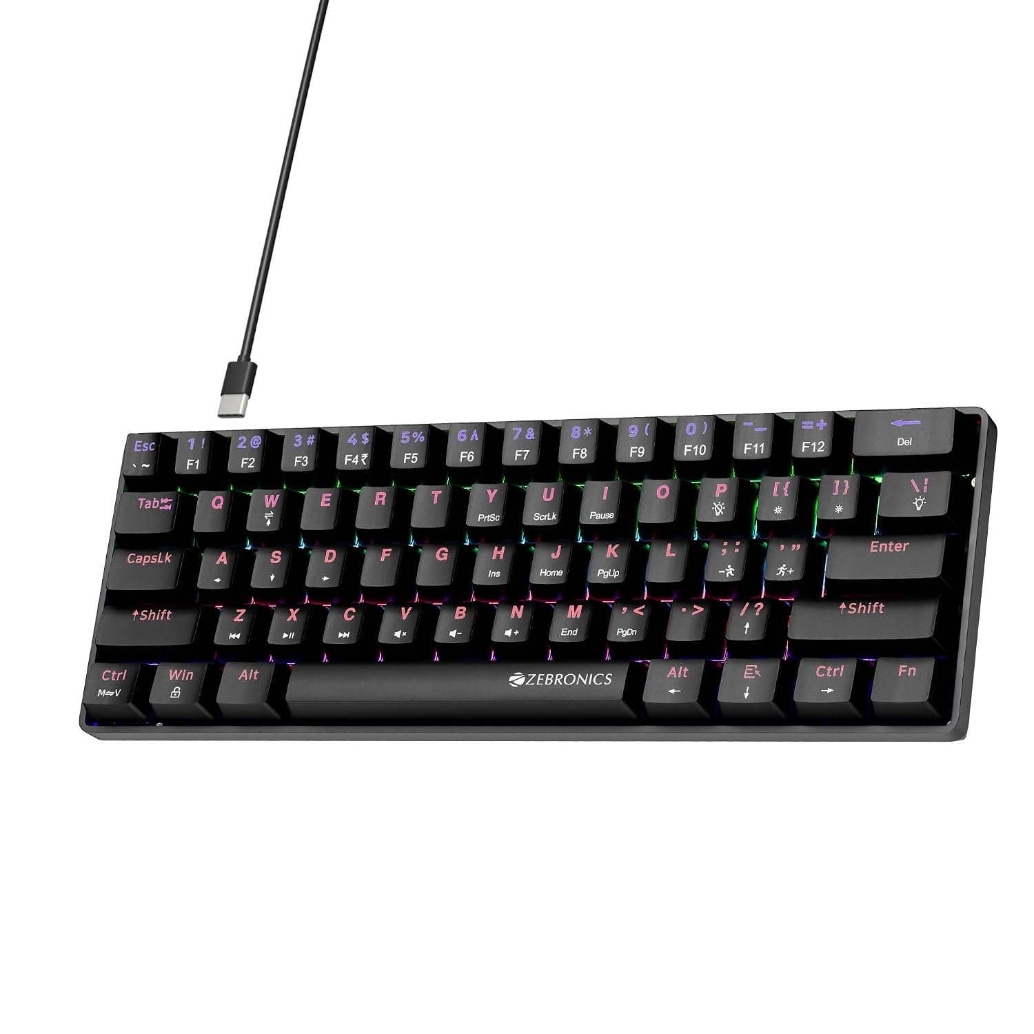 Zebronics Mechanical Keyboard, Silent Linear Red Switches, 61 Keys Layout, 26 Key Anti Ghosting, Double Shot Keycaps, 17 LED Modes, Media Controls, 1.5m Cable (Max Ninja 61, Black)