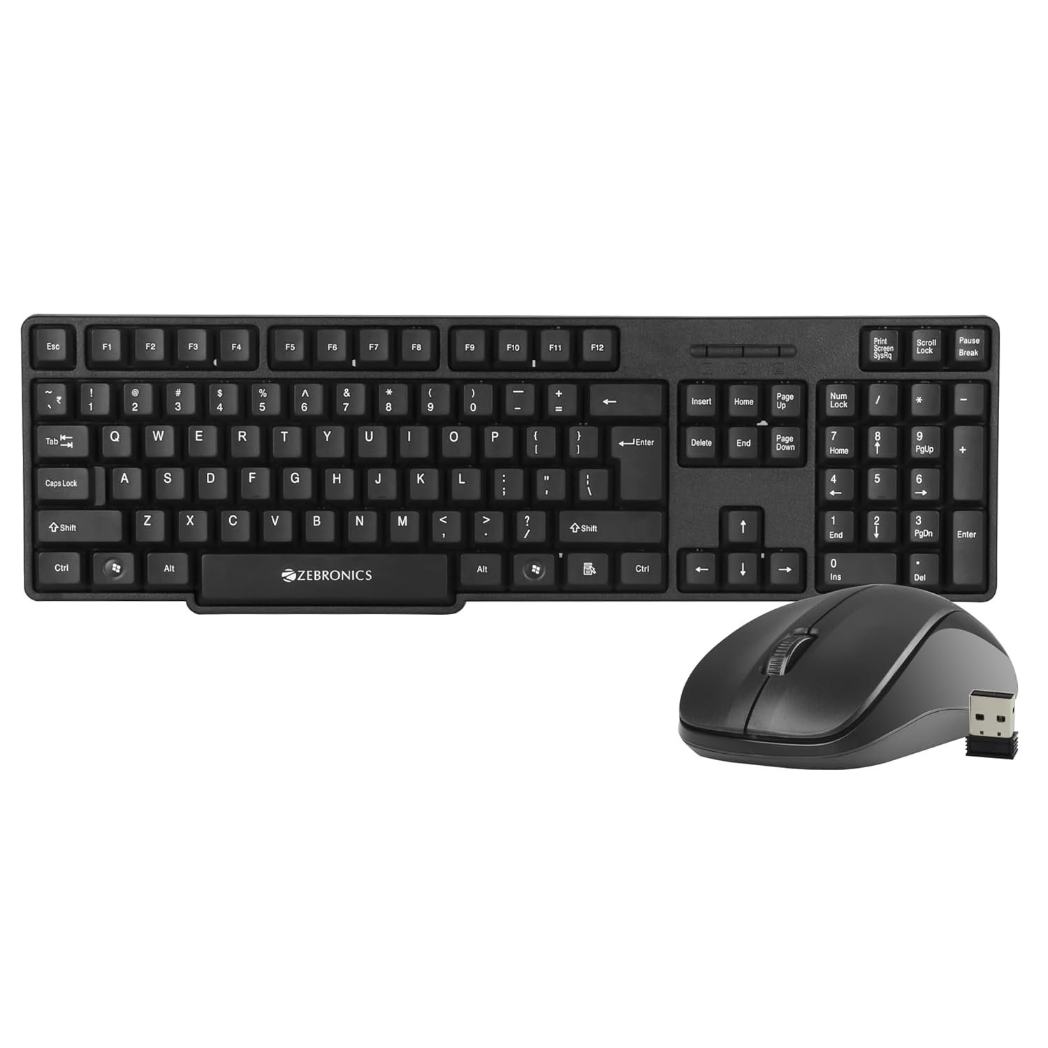 ZEBRONICS Companion 107 2.4GHz Wireless Keyboard & Mouse Combo, 104 Keys, UV Printed keycaps, 12 Integrated Multimedia Keys, 3 Button Mouse, 1200 DPI, High Precision, Advanced Optical Sensor (Black)