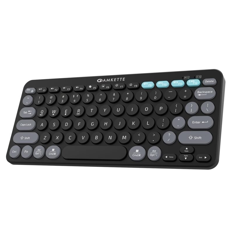 Amkette Optimus BT Plus Rechargeable Wireless Keyboard/Bluetooth Keyboard for Laptop | Compact Design.Powerful Firmware. 2.4G+3xBT, One Click Device Switching & AI Access, Dual OS Layout (Black)