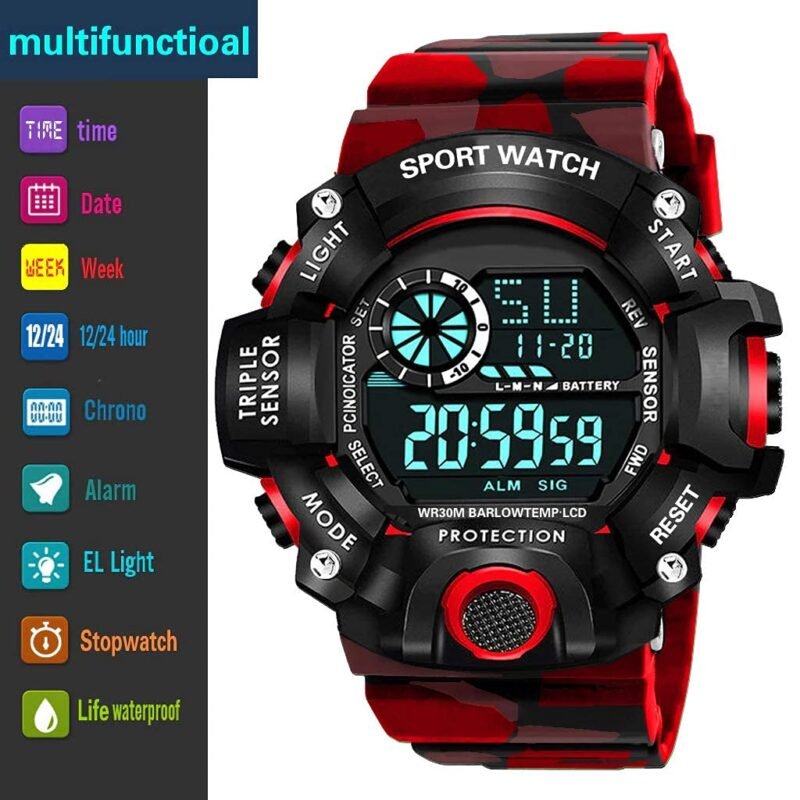 REDUX Digital Sports Watch for Men & Boys | LED Display | Alarm, Stopwatch & Date | Water Resistant | Black & Red Camouflage Silicone Strap