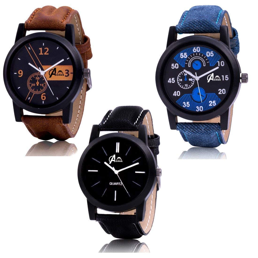 Acnos Premium Brown Blue and Black Leather Analog Watches for Men Pack of - 3 and Brand Box (L-01-02-05)