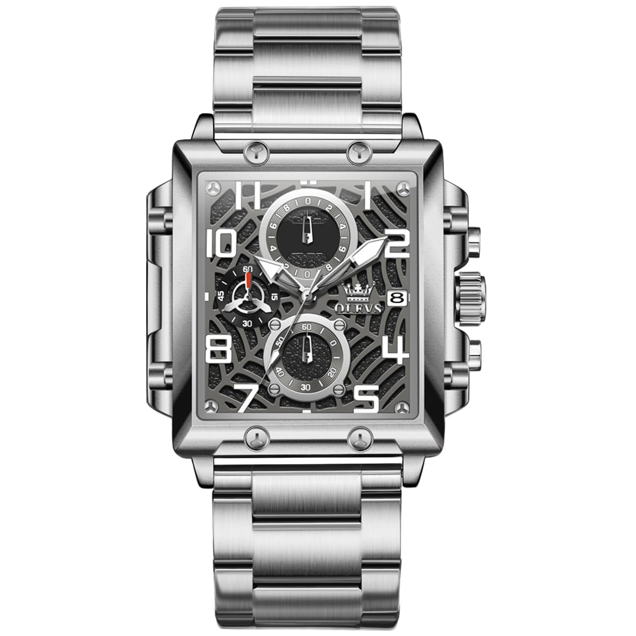 OLEVS Square Watch for Men Original Analog Quartz Chronograph Luxury Formal Silver Stainless Steel Date Men Wrist Watch