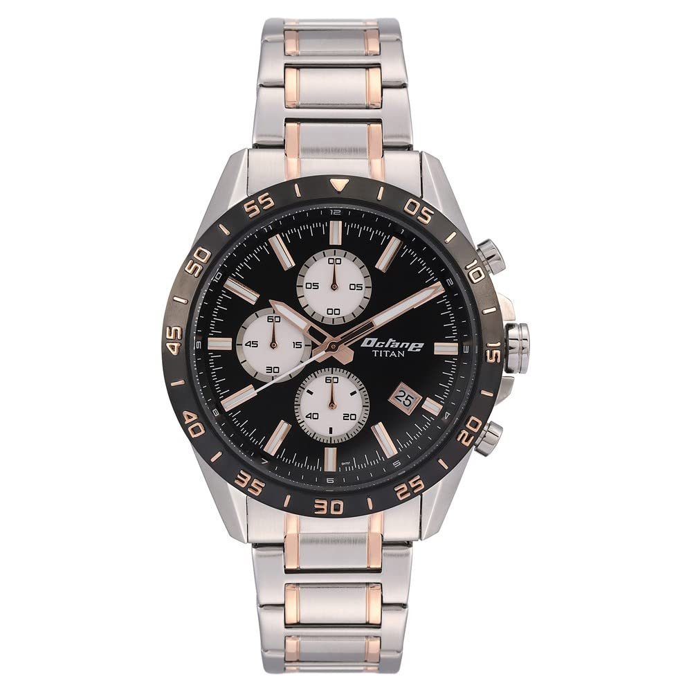 Titan Quartz Chronograph Black Dial Stainless Steel Strap Watch for Men-NS90106KM02