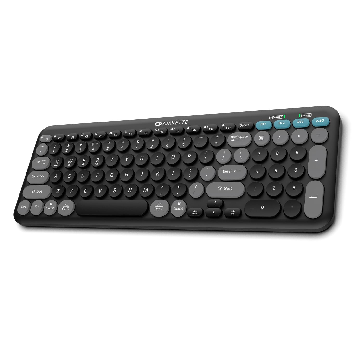 Amkette Optimus XL Plus Rechargeable Wireless Keyboard/Bluetooth Keyboard for PC, Compact Design. Powerful firmware. 2.4G+3xBT, One Click Device Switching & AI Access, Dual OS Layout (Black)