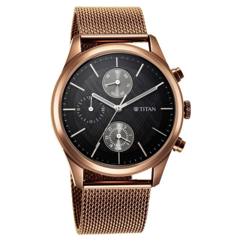 Titan Neo Splash Quartz Analog with Day-Date Black Dial Metallic Brown Stainless Steel Strap Watch for Men - NT1805QM05