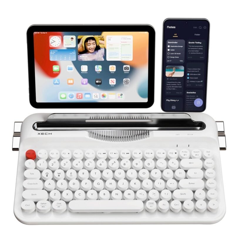 Xech Retro Typewriter Wireless Keyboard | Triple Device Multi-Connect 2X Bluetooth + 2.4G | Round Keycaps Vintage Mechanical Feel | Phone & Tablet Holder | Windows mac0S i0S Android | 84 Keys
