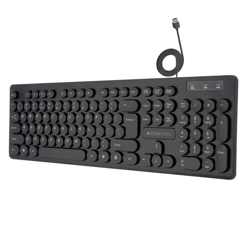 ZEBRONICS K24 Wired USB Keyboard, 104 Keys, Long Life 8 Million Keystrokes, Silent & Comfortable Use, Slim Design, Retractable Stand, 1.5 Meter Textured Cable, UV Coated keycaps