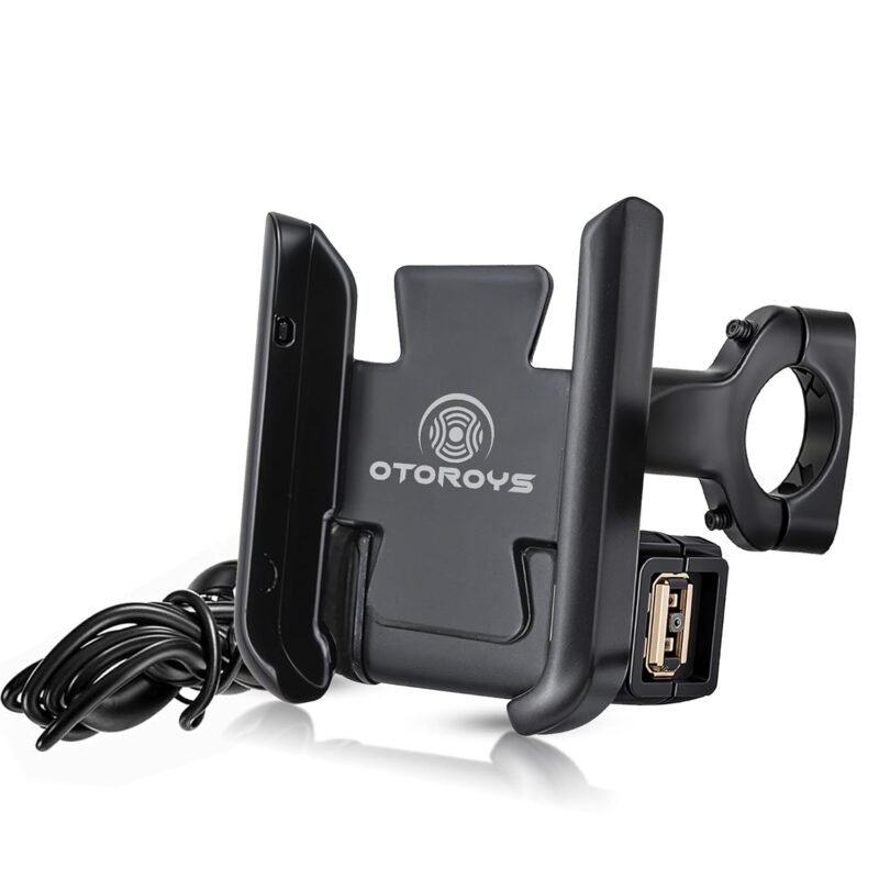 OTOROYS Universal Bike Mount Holder Metal Body 360° Rotating Handlebar Cradle Stand for Smartphones, Fits 4-6 inch Phones, Black, Waterproof, CNC Metal, USB Charger