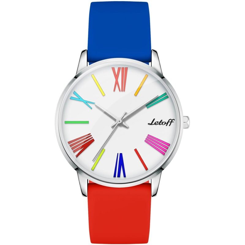 Letoff White Watch for Women/Men, Metal Watch Silicone Band,Colorful Roman Numeral Dial Water Resistant 100ft