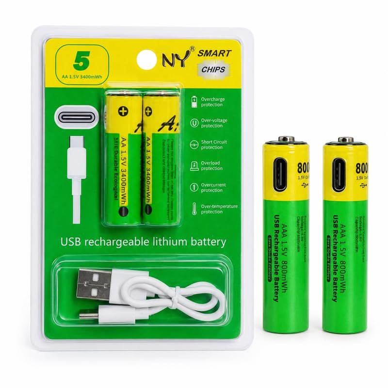 AA Rechargeable Batteries 2 Pack, 1.5 V 3400 mWh Li-ion Cells with USB Type-C Charging, Built-in Safety Protection and Charging Cable for Remote, Toys, Mouse and Household Devices