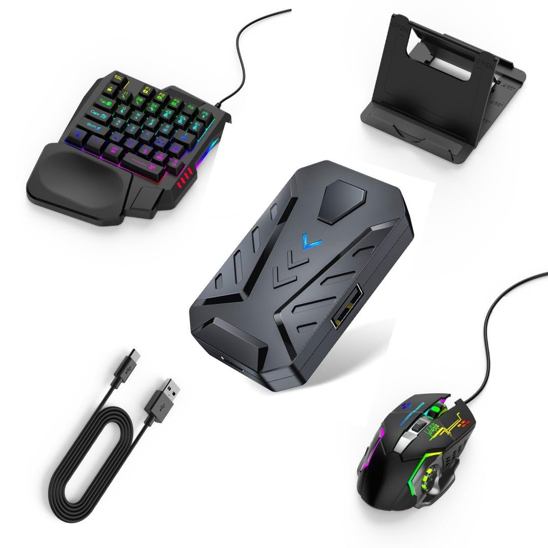 4 in 1 Mobile Game Combo Pack Pro with RGB Mini Gaming Keyboard & Mouse with Side Button, Gaming Adapter with Mobile Game Converter for Android (Wired+Wireless (APP Require))