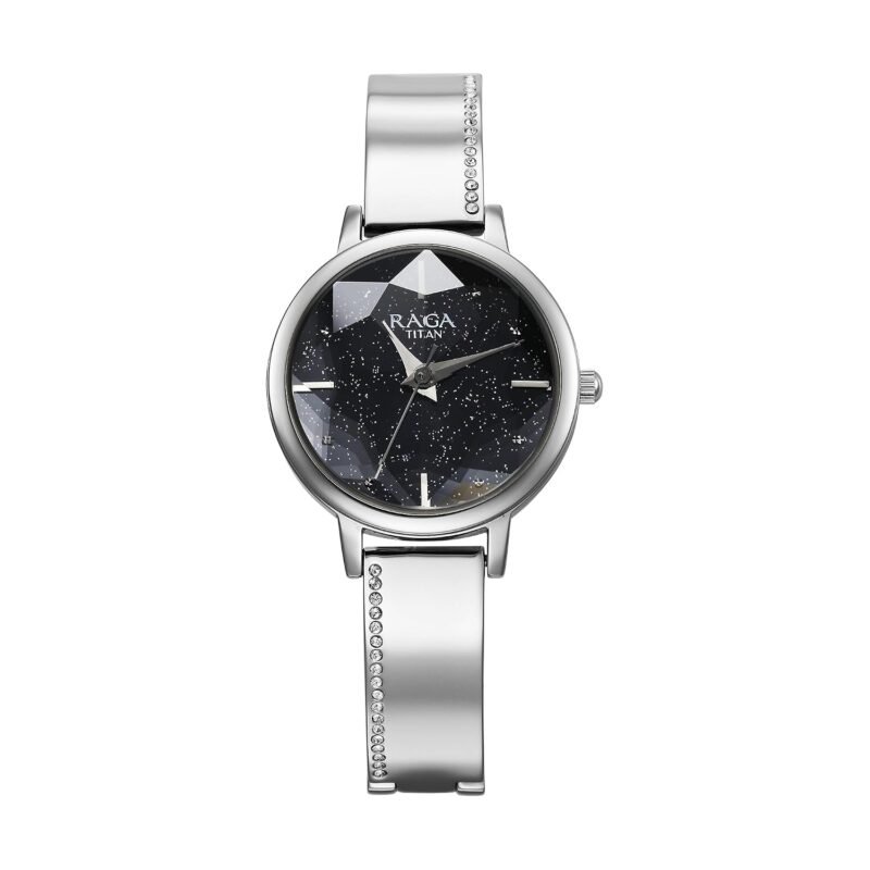 Titan Raga Showstopper Quartz Analog Black Dial Silver Metal Strap Watch for Women - NT95267SM01