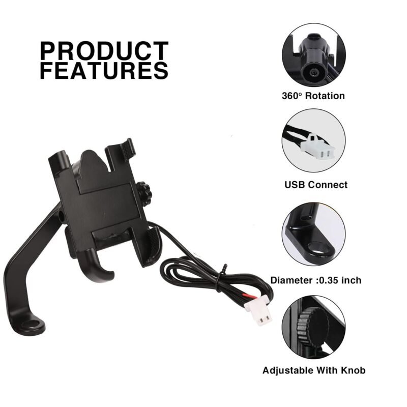 Waterproof Metal Mobile Holder with Charger | 360° Adjustable Mirror Mount for Bike, Motorcycle & Scooty | Fits Phones up to 7" | 2-Year Warranty (Black)