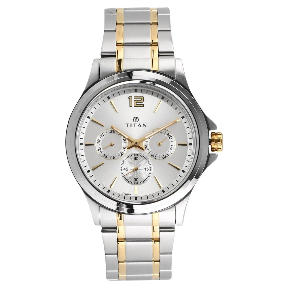Titan Workwear Quartz Multifunction Silver Dial Silver and Gold Two Toned Stainless Steel Strap Watch for Men - NT1698BM01