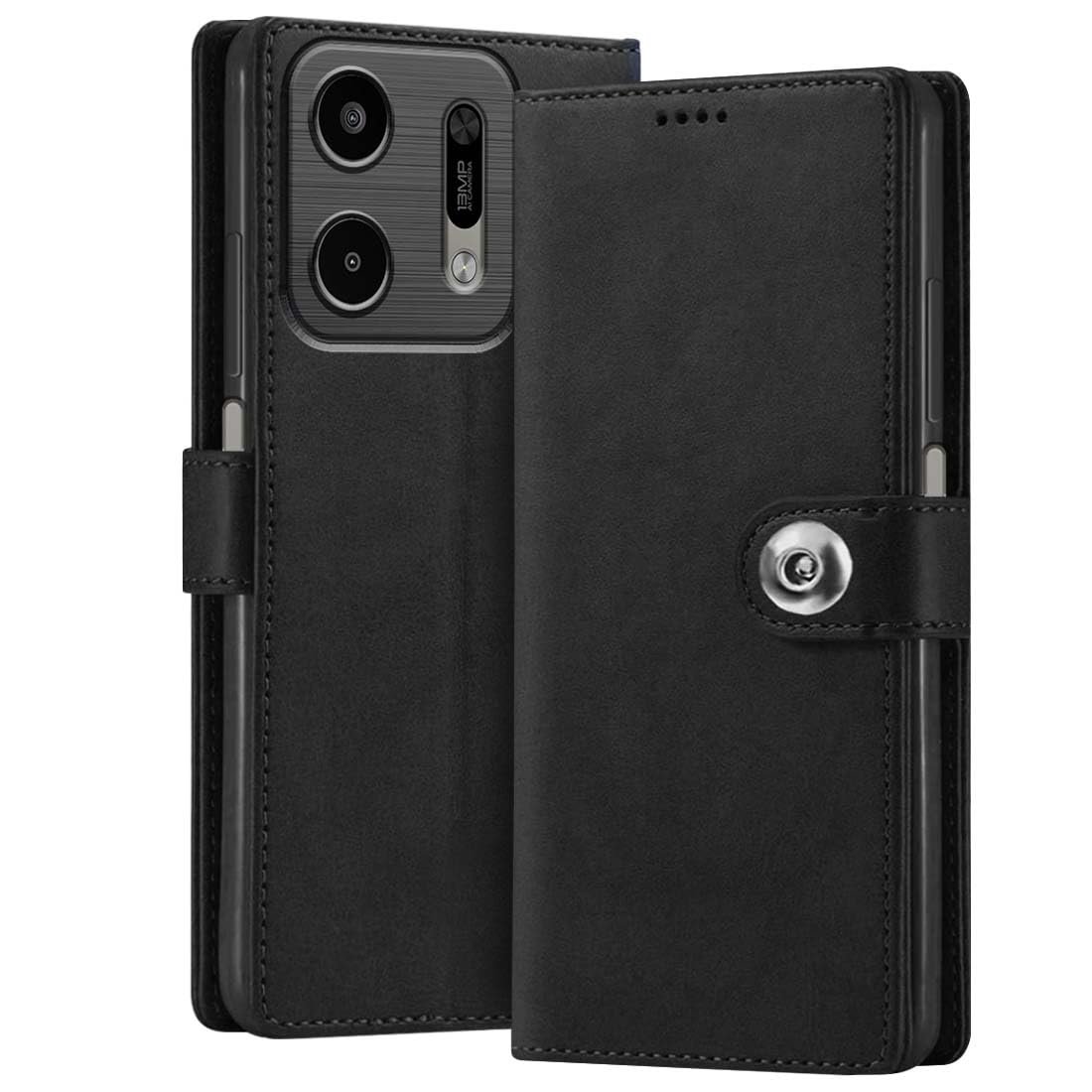 Fashionury Flip Back Case for Lava Virat V1 5G | Genuine Leather Finish | Designer Button | Inbuilt Pockets & Stand | Flip Cover Back Case for Lava Virat V1 5G (Black)