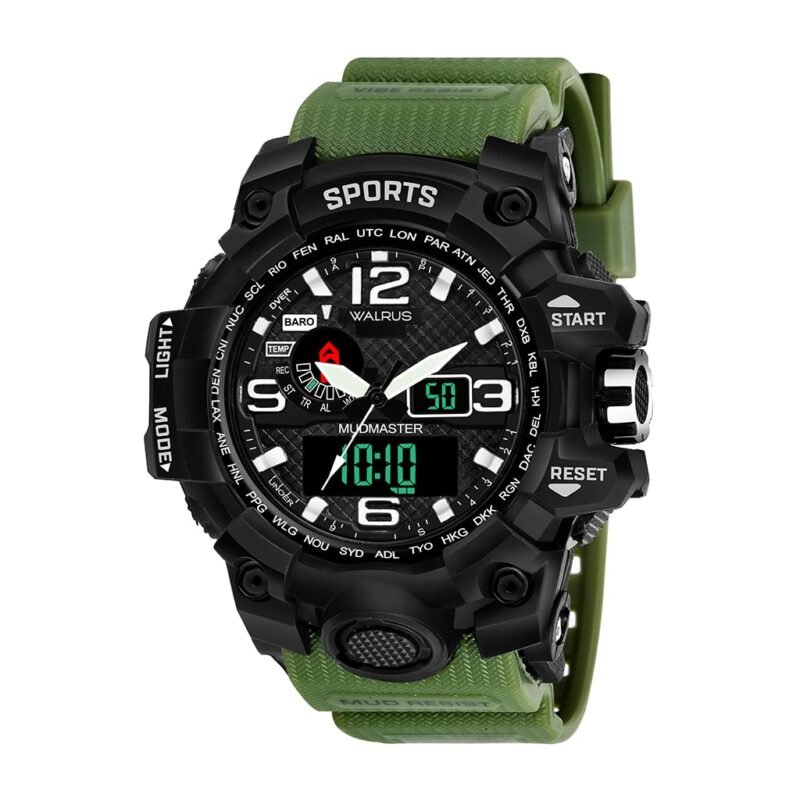 Walrus Large Size Black Dial Day-Date Green Strap Sports Watch for Men