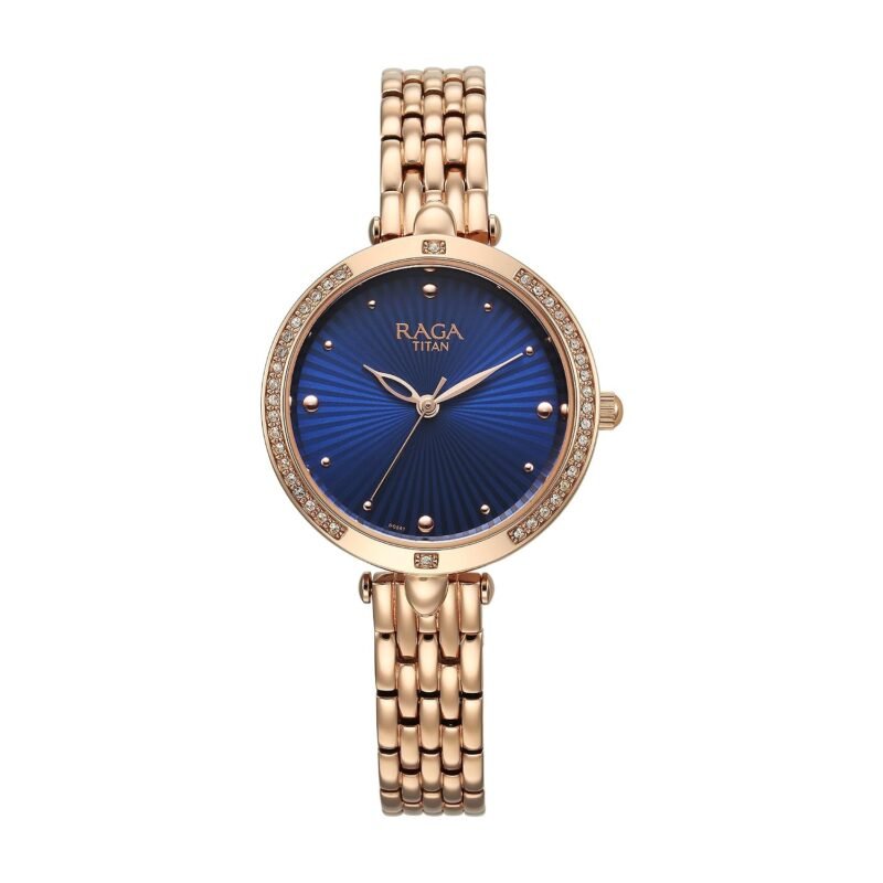 Titan Raga Showstopper Quartz Analog Midnight Blue Dial Rose Gold Metal Strap Watch for Women - NT95266WM01