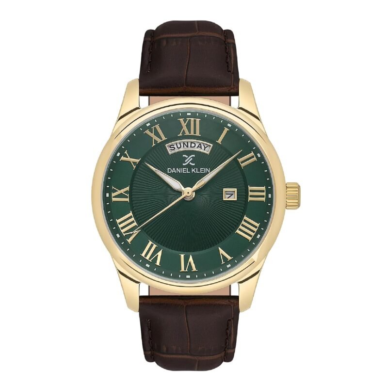 Daniel Klein Analog Green Round Dial Gold Case Brown Leather Strap Day Date with Roman Accents Water-Resistant Wrist Watch for Men Boys DK.1.13819-4