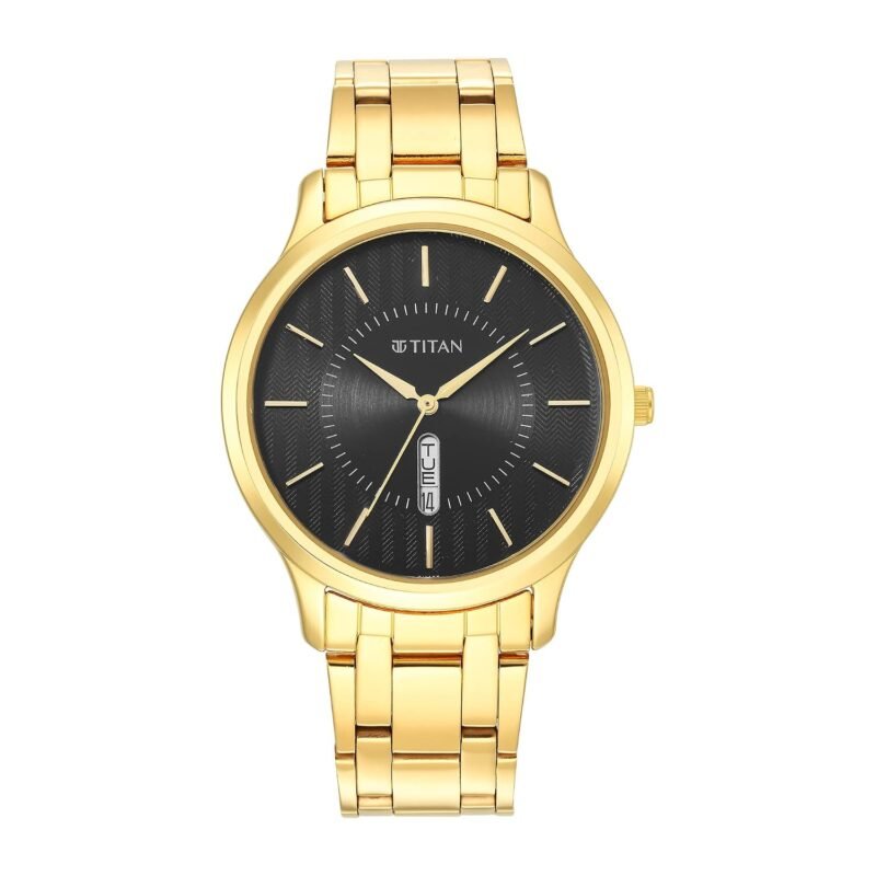 Titan Quartz Analog with Day and Date Black Dial Stainless Steel Strap Watch for Men-NS1825YM02