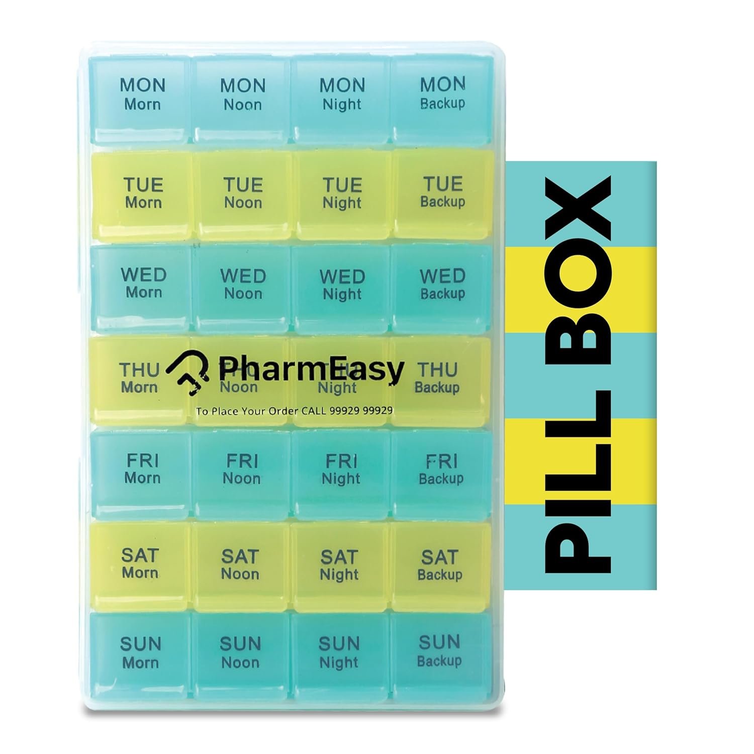 PharmEasy 7 Day Weekly Pill Box, Durable Medicine Organizer Box with Extra Large Multicoloured Compartments and BPA Free Material for Moisture Free Storage - Portable Tablet organiser.