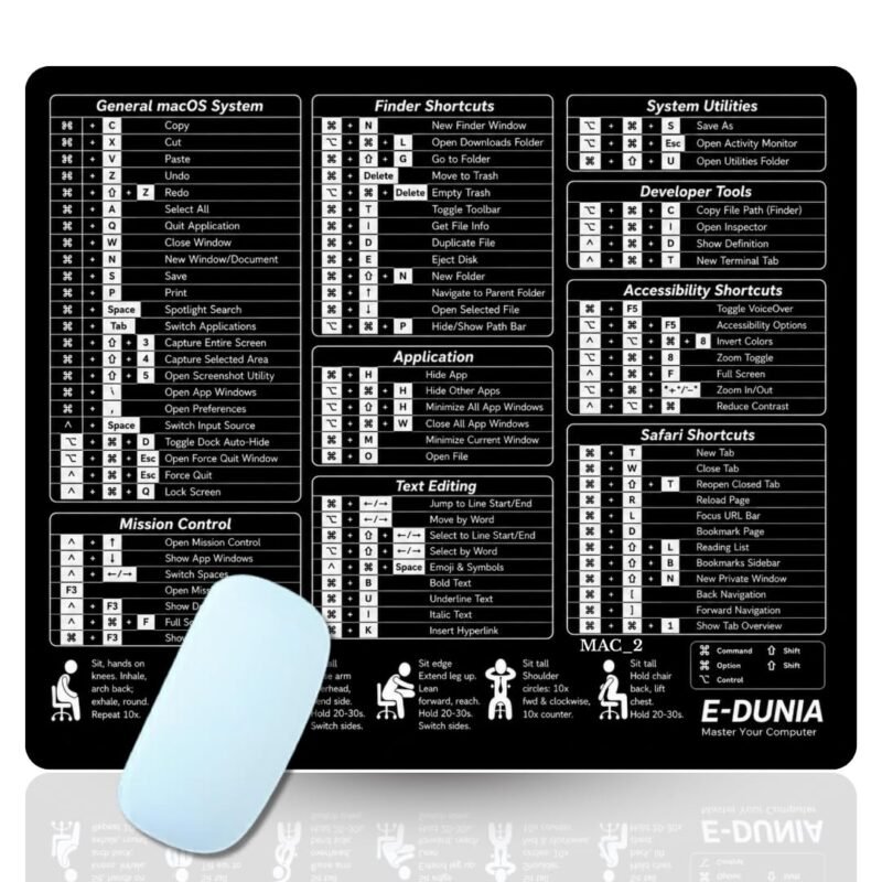 Computer Shortcut Reference Mouse Pad, Keyboard Commands Guide, Non Slip Rubber Base, Educational Desk Mat for Students