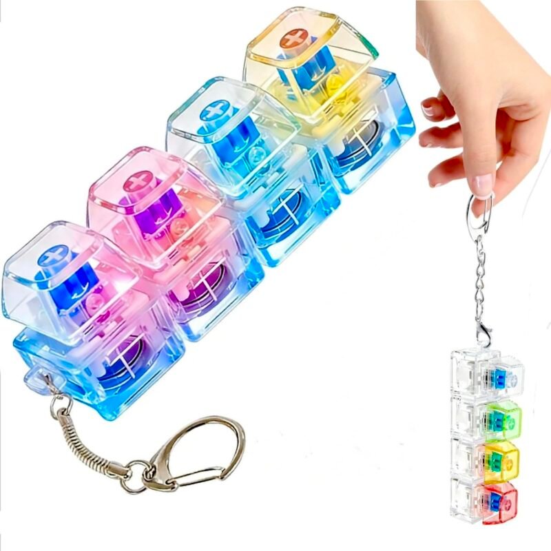 4 in 1 Mechanical Keyboard Fidget Keychain Keyboards Decompression Button Finger Clicker Toy Sensory Fun Toys Button Stress Relief Fidgets Gifts to Relieve Stress for Adults (Rainbow Colors Light)