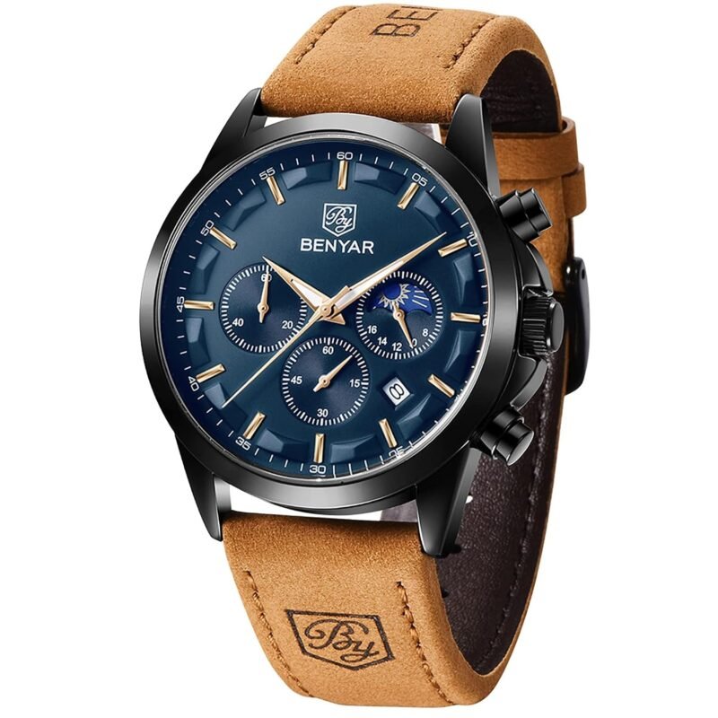 BY BENYAR LUNARIS 5160-L Chronograph Watch for Men | Classic Analogue Quartz Dress Style with Three-Subdial Display, Date and Leather Strap | 42 mm | Office, Business, Formal & Gifting