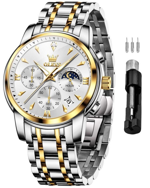OLEVS Watches for Men Original Chronograph Luxury Business Analog Quartz Watch Waterproof Moon Phase Stainsteel Steel Diamond Mens Watch