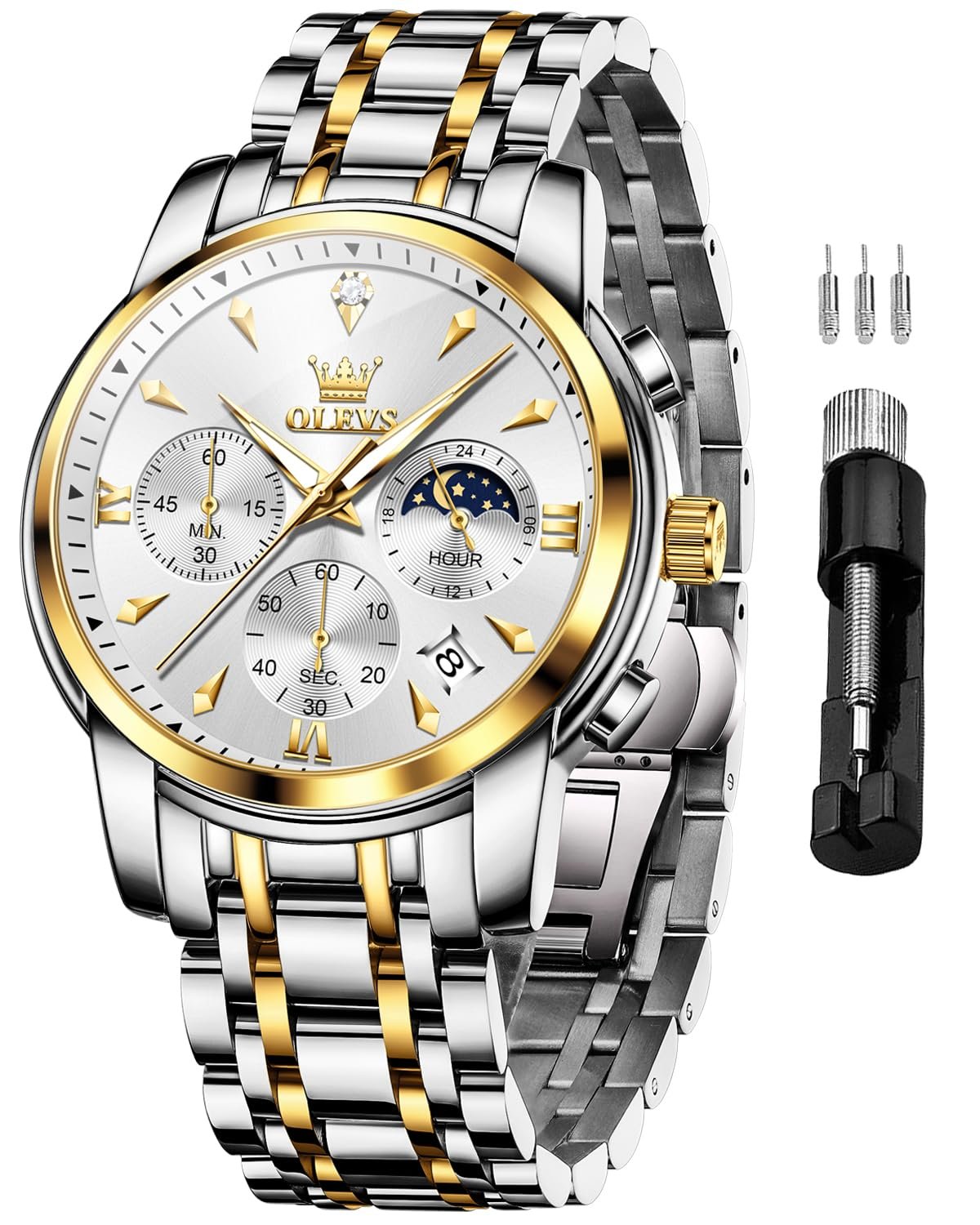 OLEVS Watches for Men Original Chronograph Luxury Business Analog Quartz Watch Waterproof Moon Phase Stainsteel Steel Diamond Mens Watch
