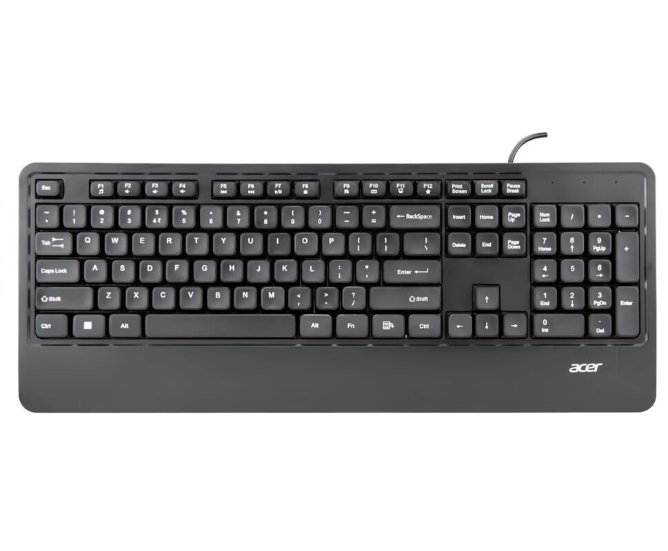 Acer PalmEase Wired Keyboard with Palm Rest | Plug & Play USB 2.0 | Co-Pilot Shortcut Key | Rupee ₹ Symbol | 10M Keystroke Life | 104 Chiclet Keys | Windows & Mac Compatible – Black