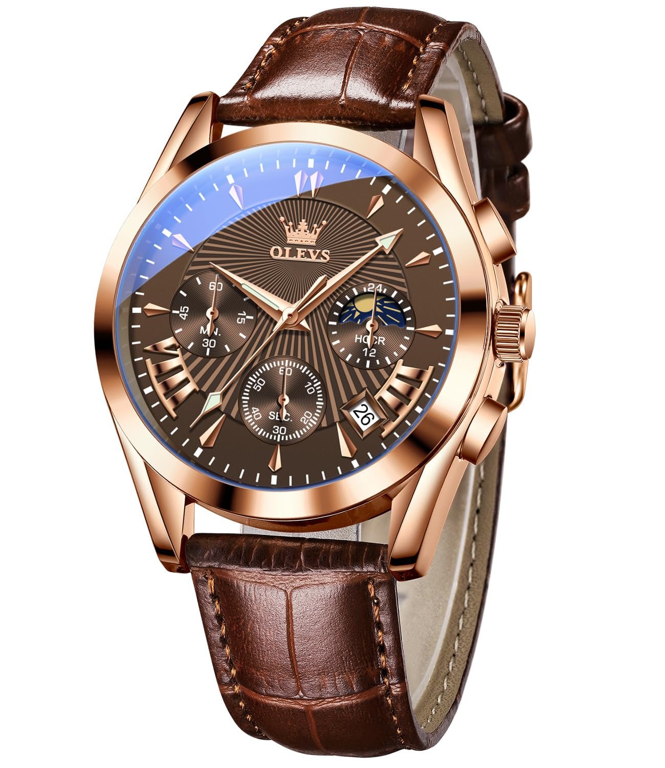 OLEVS Watches for Men Original Analog Quartz Stylish Brown Leather Luxury Business Chronograph Waterproof Date Mens Wrist Watch