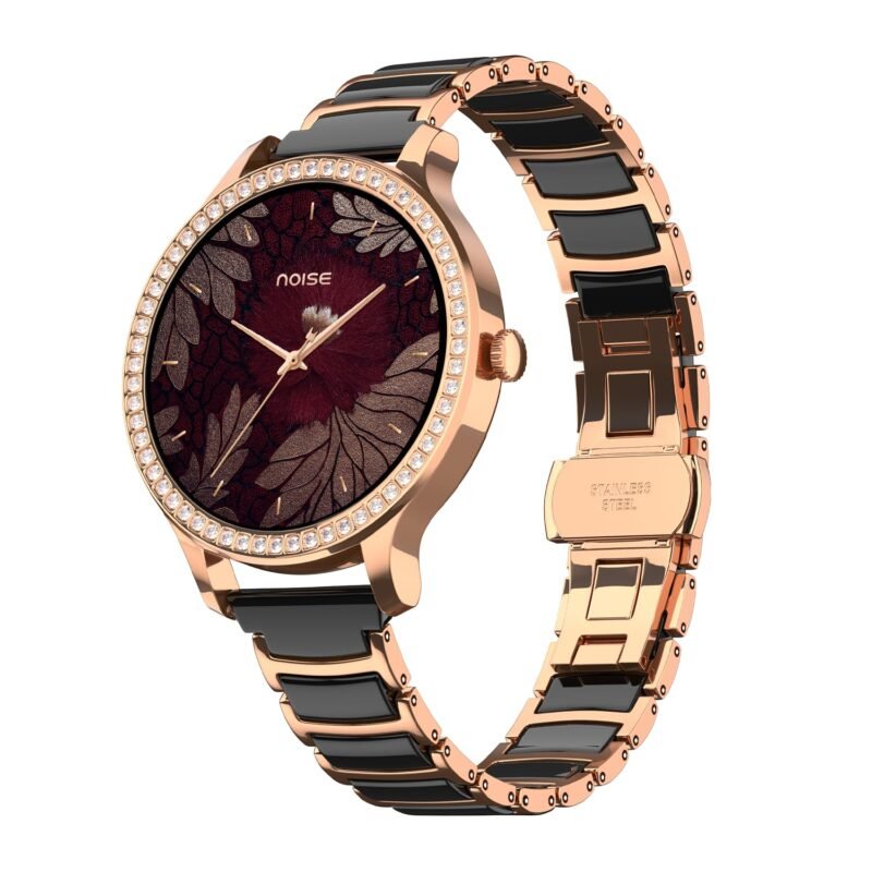 Noise Diva Araya Smartwatch for Women with AMOLED Display (850 Nits), 60 Precision-Set Crystals, Cycle Tracking, Skin Temperature, SOS with Live Location, 100+ Watch Faces - Rose Gold Ceramic