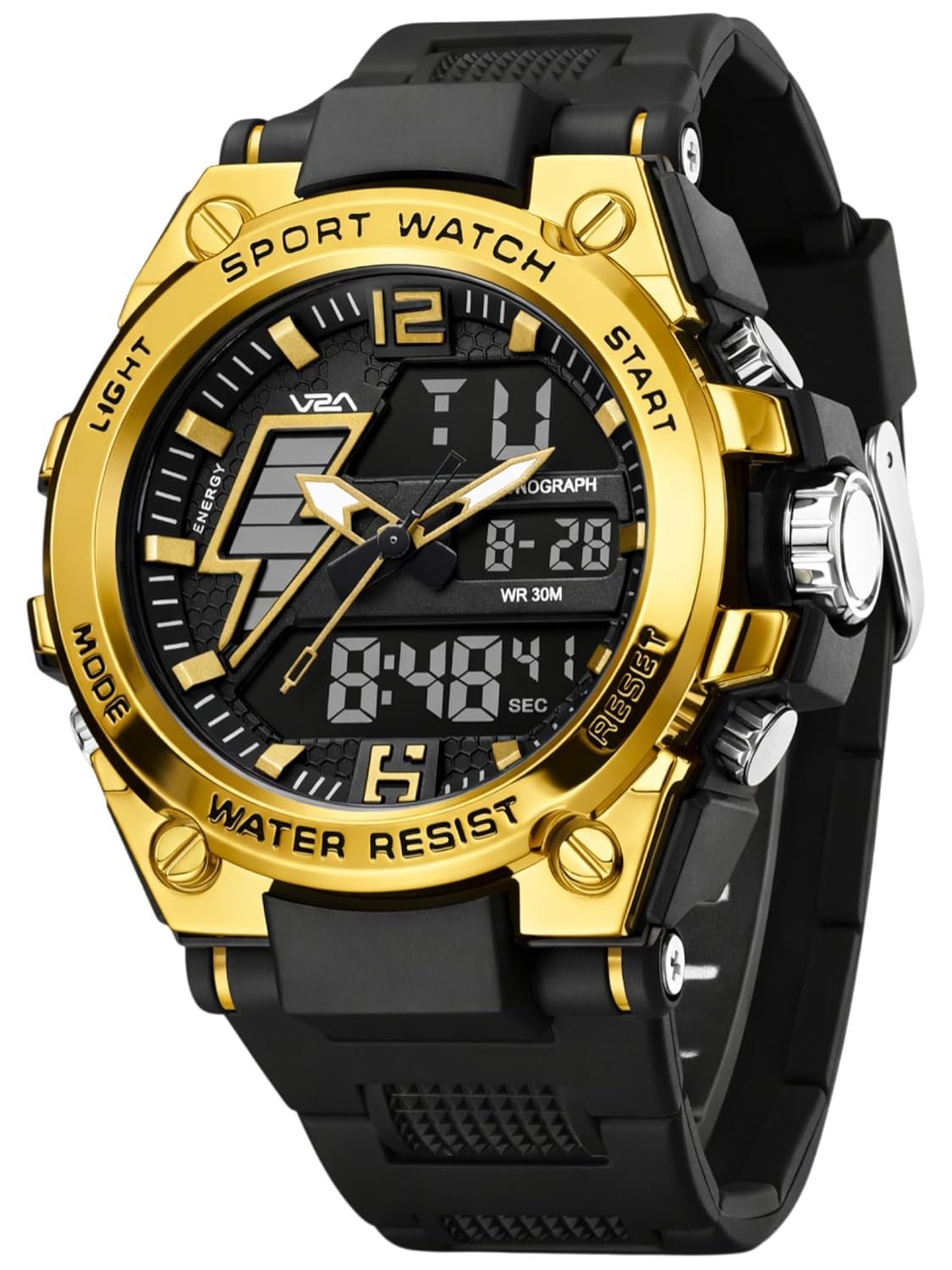 V2A Stryke 45mm Analog Digital Sports Watch for Men | Hybrid Layered Dial | Alarm Stopwatch Backlight Day Date | TPU Strap | 30M Water Resistant | Gift for Mens