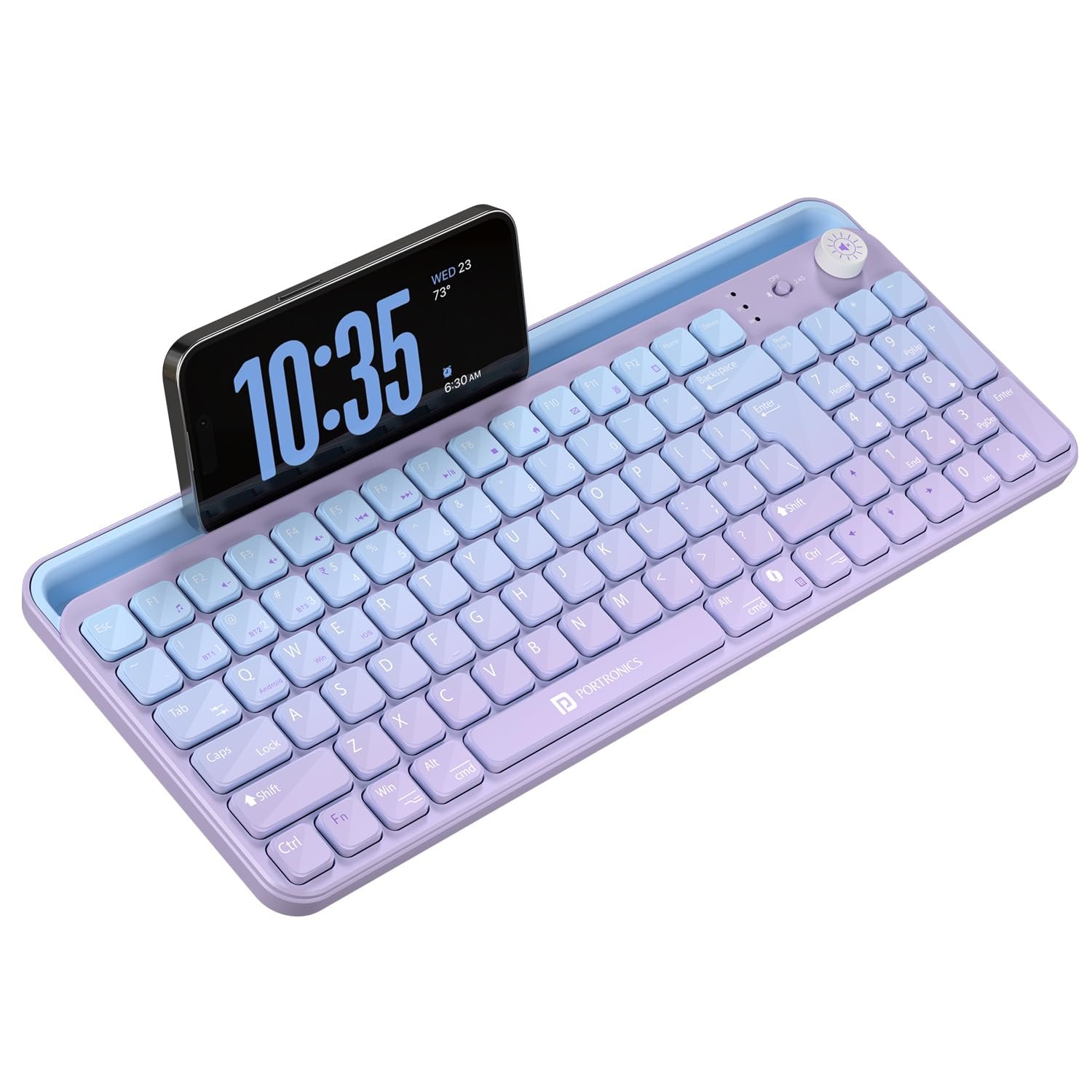 Portronics Bubble 4.0 Wireless Keyboard with Bluetooth + 2.4 GHz USB Receiver, Rechargeable Battery, Volume Control Knob, Multimedia Hotkeys with Numpad, for Laptop, PC, Smartphone, Tablet(Purple)