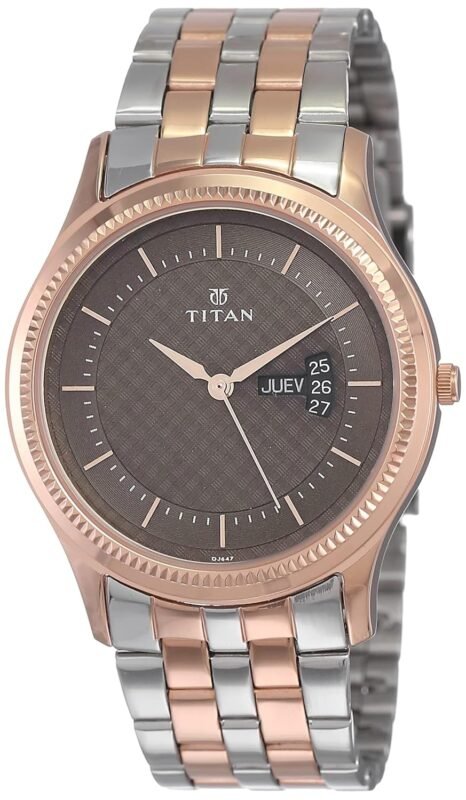 Titan Karishma Quartz Analog with Day & Date Brown Dial Two Toned Silver & Rose Gold Stainless Steel Strap Watch for Men - NT1824KM01