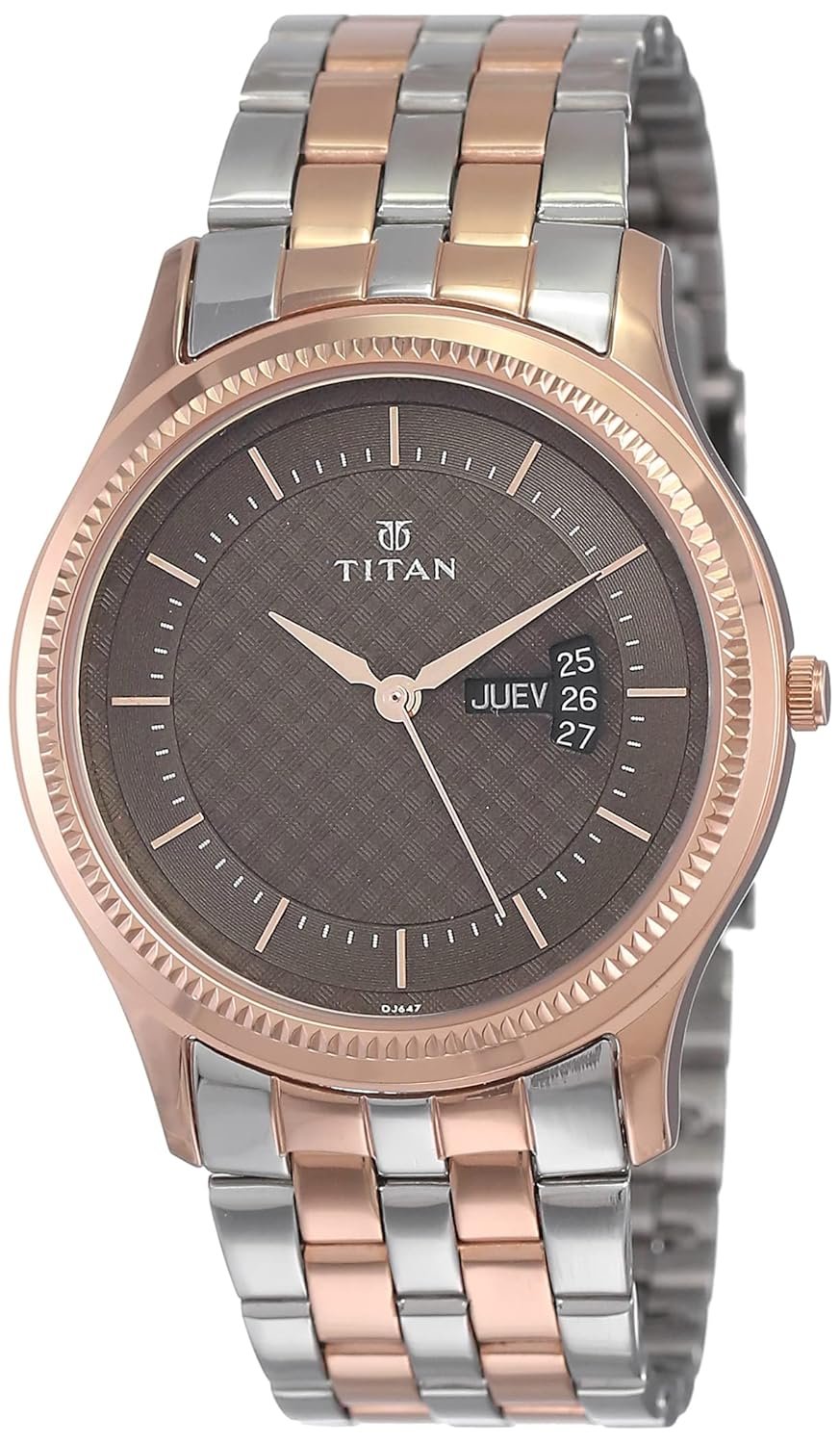 Titan Karishma Quartz Analog with Day & Date Brown Dial Two Toned Silver & Rose Gold Stainless Steel Strap Watch for Men - NT1824KM01