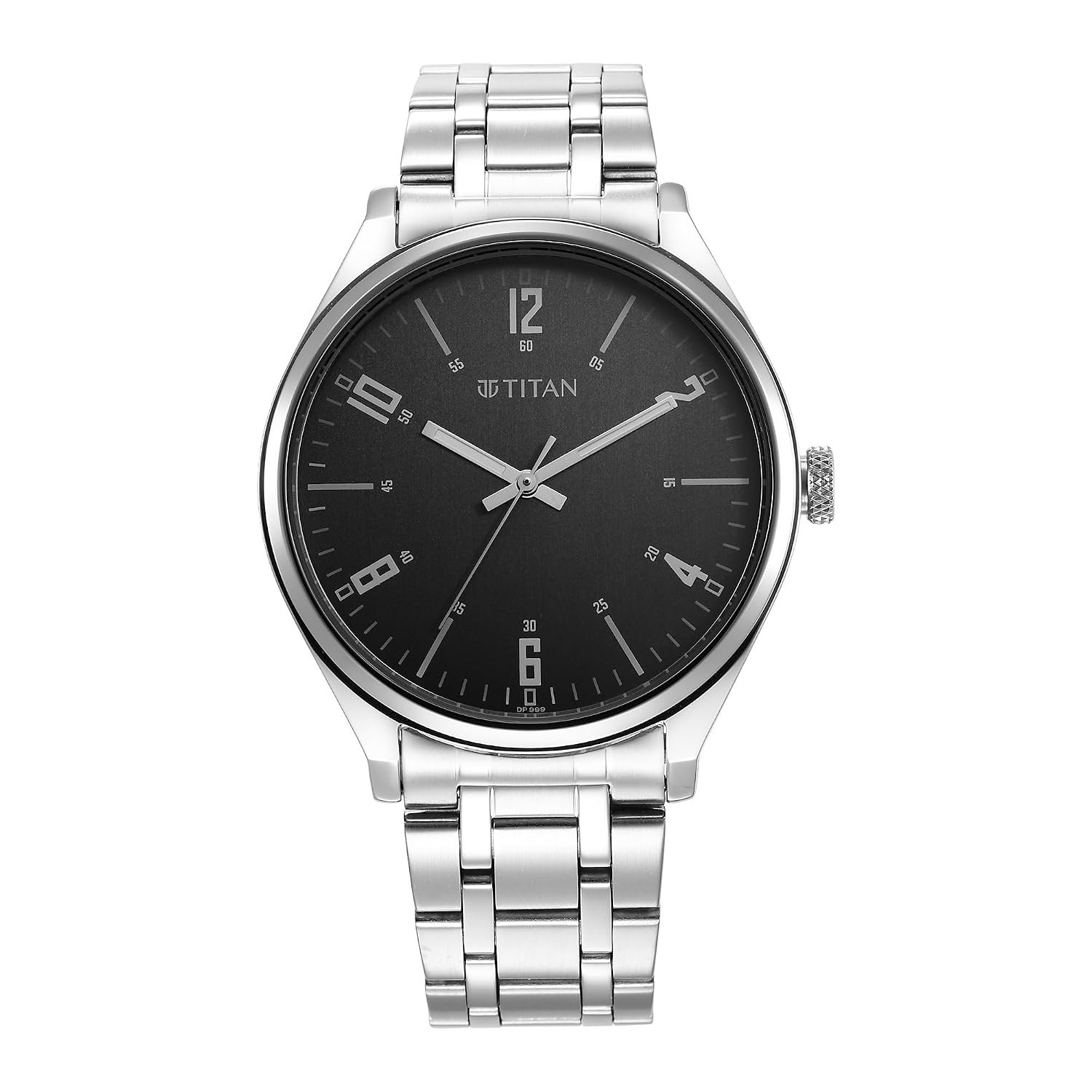 Titan Wrist with Quartz Analog Black Dial Silver Stainless Steel Strap Watch for Men - NT1802SM10