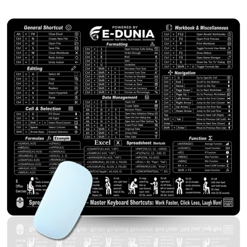 Shortcut Key Mouse Pad for Windows, MS Office, Excel Formulas, Word, PowerPoint & Keyboard Commands Reference, Non-Slip Rubber Base for Office & Study Use. (EXCEL_B&W)
